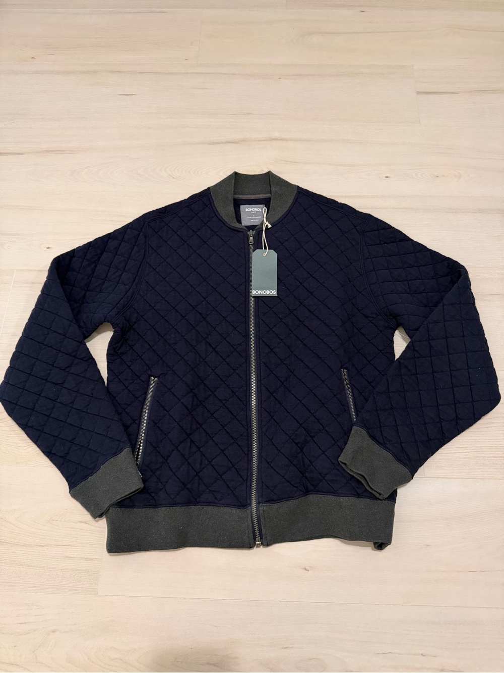 Bonobos Quilted Navy Bomber Jacket with Olive Ribbing